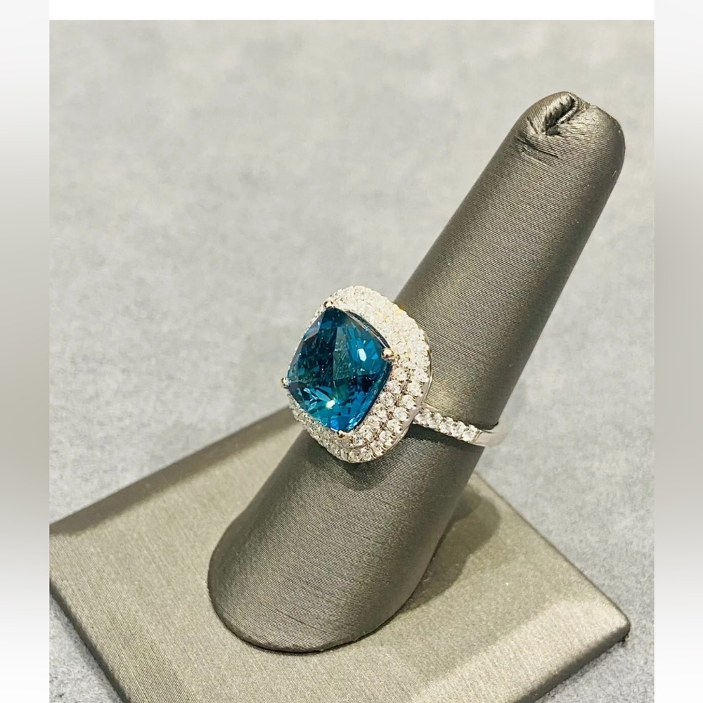 EFFY Deep LONDON BLUE TOPAZ & Bright DIAMOND Halo set in 14k White Gold RING LN - Picture 3 of 11
